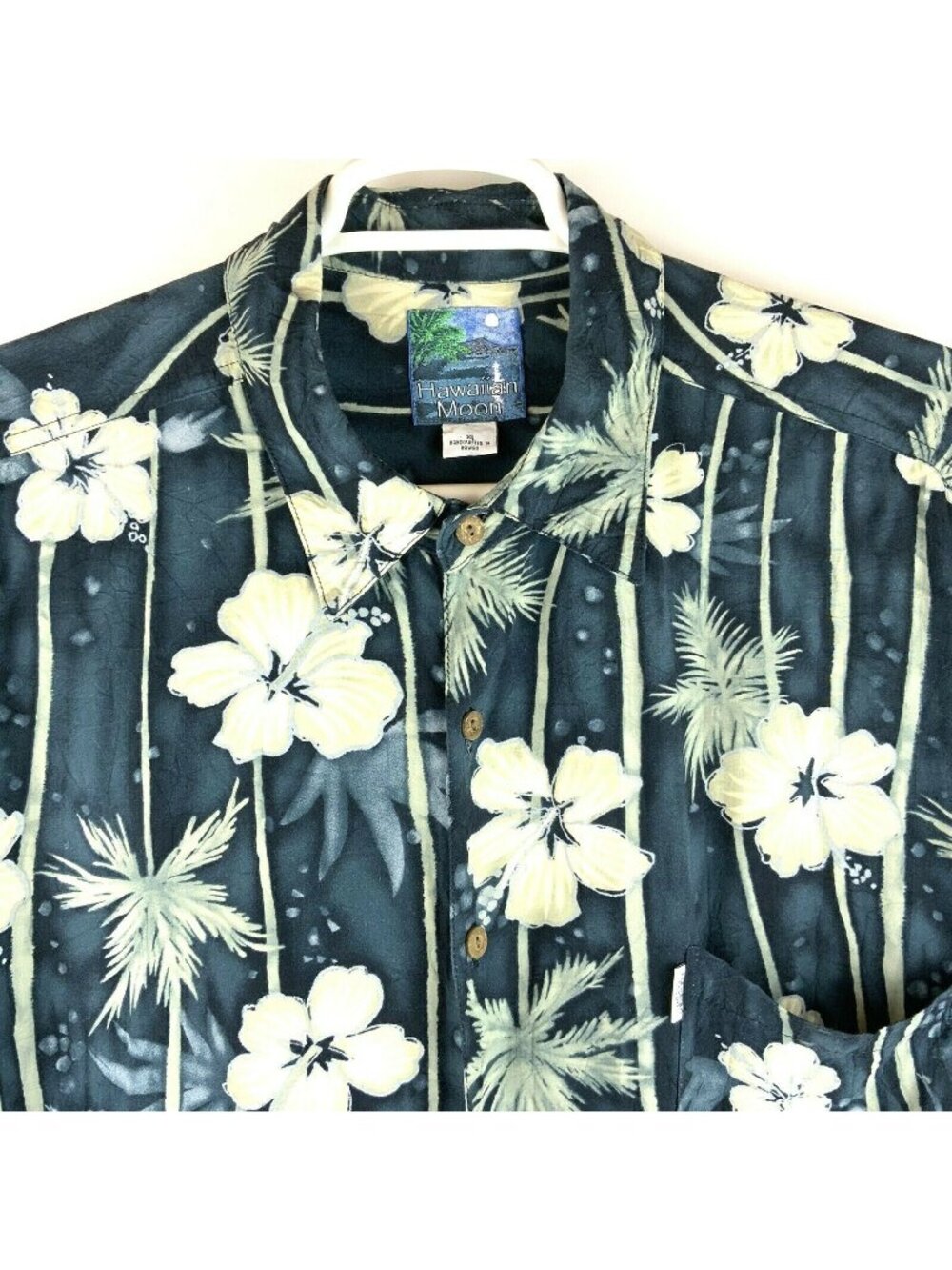 Hawaiian Moon Aloha Shirt Men’s XL Blue White Hibiscus Flower Button Front